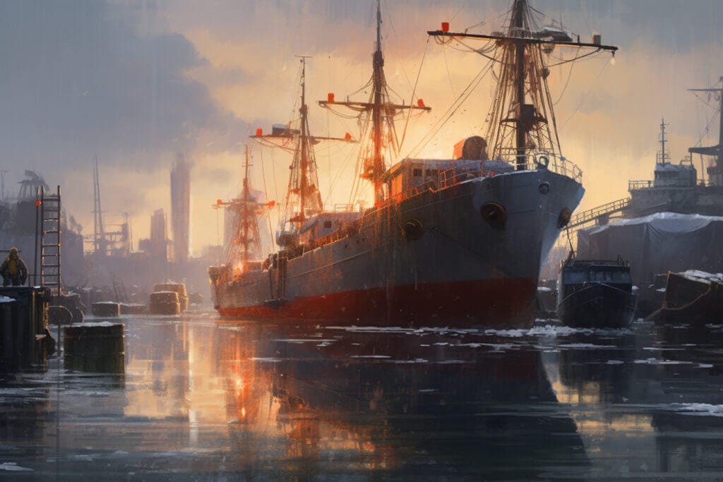 Large fishing ship in District 4 of the Hunger Games art