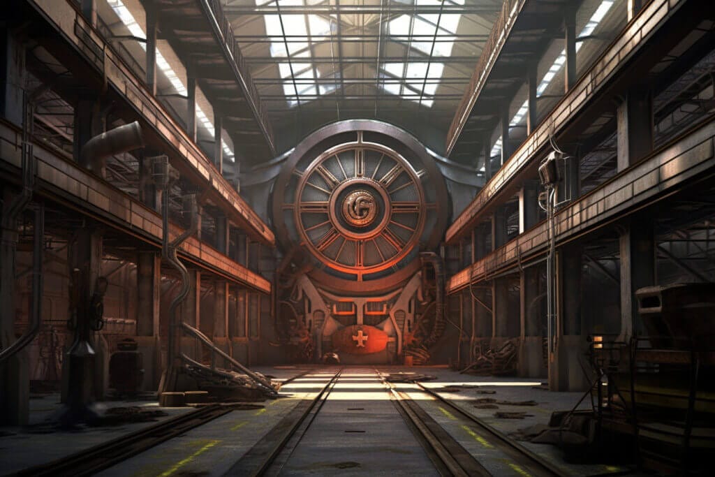 Rail factory in District 6 of the Hunger Games art