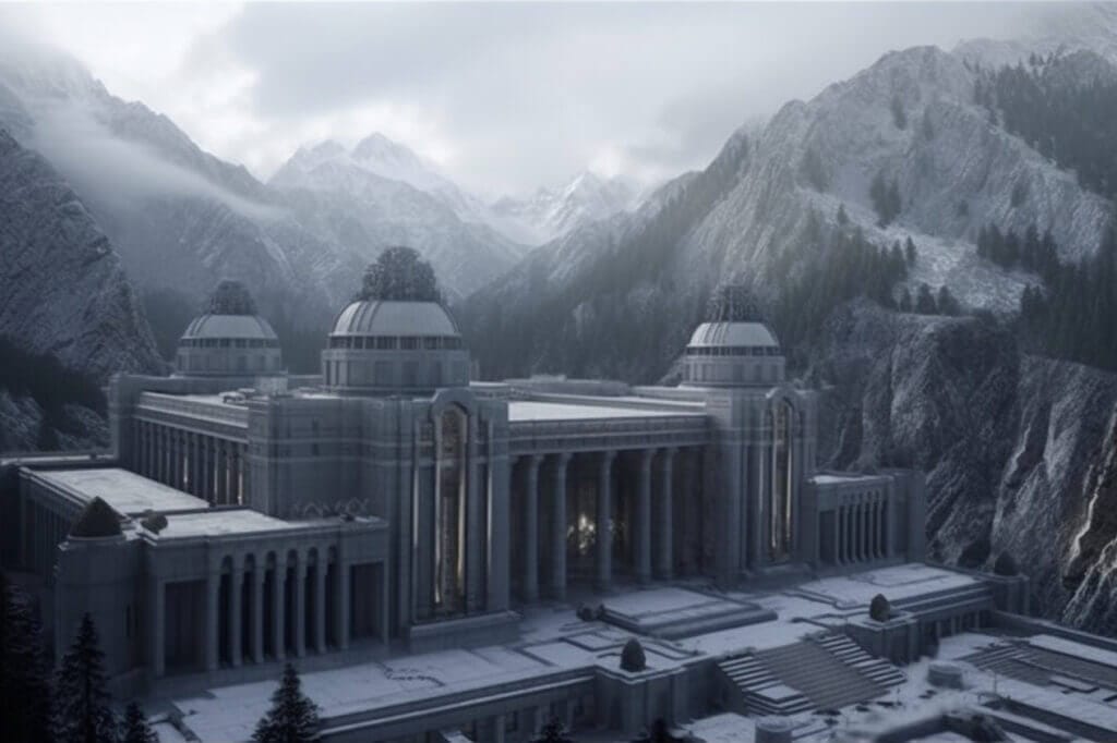 Marble building in District 2 of the Hunger Games art