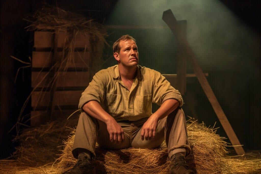 Lennie in the barn before being joined by Curly's wife